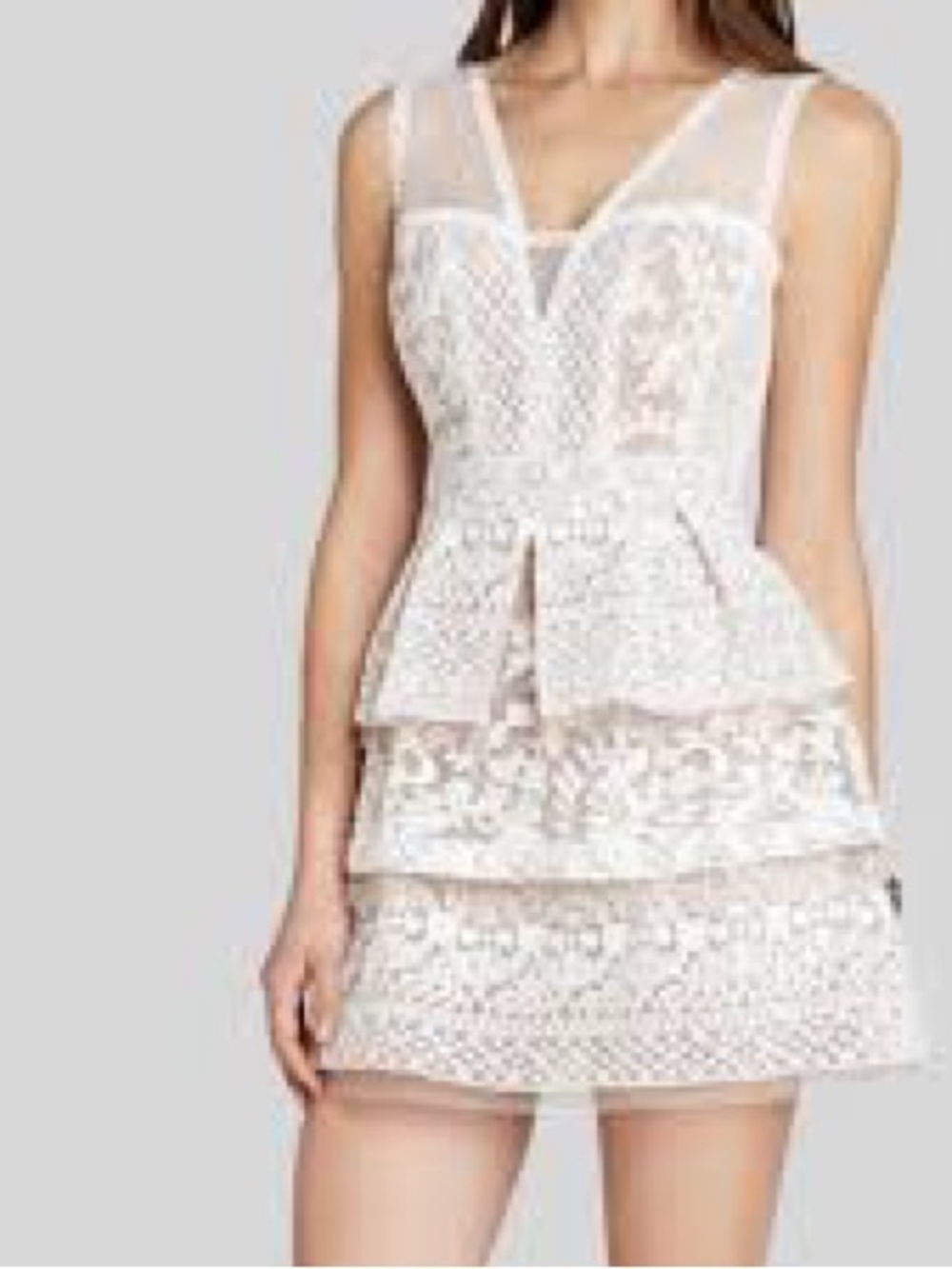 BCBGMaxAzria Fola Gardenia Dress Nude Ivory Embroidered Tiered Cocktail Size 6